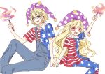  1boy 1girl american_flag_dress american_flag_legwear arm_up blonde_hair blush clownpiece dress dual_persona earrings female fire genderswap genderswap_(ftm) hat holding_hands jester_cap jewelry kyouda_suzuka long_hair looking_at_viewer male nail_polish neck_ruff outstretched_arm overalls pantyhose polka_dot red_eyes short_dress short_hair simple_background sitting sketch smile star star_earrings star_print striped suspenders torch touhou very_long_hair white_background 
