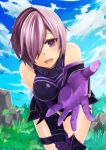  1girl armor artist_request breasts clouds fate/apocrypha fate/grand_order fate_(series) gloves highres horonosuke large_breasts leaning_forward purple_hair shielder_(fate/grand_order) short_hair smile solo thigh_strap violet_eyes 