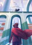  1boy architecture brown_hair building cape copyright_name dual_wielding from_behind from_below hood mask original pixiv_fantasia pixiv_fantasia_t rackety shiny sword weapon 