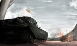  action battle caterpillar_tracks centurion_(tank) clouds explosion firing girls_und_panzer ground_vehicle jinguu_(4839ms) military military_vehicle motor_vehicle no_humans panzerkampfwagen_iv sky sparks tank wall 