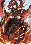  1girl absurdres armor belt black_legwear boots bow bowtie breastplate breathing_fire broken_armor brown_hair dragon elbow_gloves elusya fire forte_(shingeki_no_bahamut) gloves granblue_fantasy highres horns lance long_hair open_mouth pauldrons pointy_ears polearm red_eyes red_scarf riding scarf shingeki_no_bahamut skirt thigh-highs thigh_boots weapon 