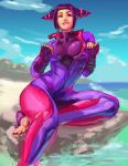  1girl barefoot beach biting black_hair bodysuit breasts catsuit covered_nipples fingerless_gloves gloves han_juri large_breasts lip_biting looking_at_viewer nail_polish naughty_face pink_nails short_twintails sitting skin_tight solo street_fighter street_fighter_v theabsolutelimit toeless_legwear toenail_polish toes twintails unzipped violet_eyes watermark web_address 