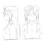  1girl bangs character_sheet epaulettes female_admiral_(kantai_collection) hair_between_eyes hat kantai_collection lineart long_hair looking_at_viewer military military_hat military_uniform monochrome niwatazumi peaked_cap sketch smile solo tatebayashi_sakurako uniform upper_body white_background 