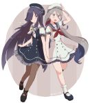  2girls ahoge alternate_costume beret blue_hair blush bobby_socks brown_eyes buttons commentary_request dress grey_eyes grey_hair hair_between_eyes hair_over_one_eye hand_on_headwear hat hayashimo_(kantai_collection) highres holding_hands kantai_collection kiyoshimo_(kantai_collection) long_hair looking_at_viewer low_twintails mary_janes multicolored_hair multiple_girls neckerchief open_mouth pantyhose purple_hair riz_(ravel_dc) sailor_dress sailor_hat shoes short_sleeves simple_background smile socks tumblr_username twintails very_long_hair 