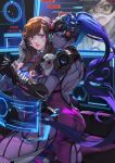  2girls arm_grab arm_guards ass back bangs black_hair blue_hair bodysuit bracer breasts brown_eyes brown_hair budinger bunny_print couch d.va_(overwatch) english eyelashes facial_mark floating_screen gloves glowing goggles hand_on_another&#039;s_arm hands head_mounted_display headphones highres large_breasts lips long_hair looking_at_another looking_at_viewer monitor multiple_girls outstretched_hand overwatch parted_lips pauldrons pilot_suit pink_eyes ponytail purple_hair purple_lips purple_skin red_lips short_sleeves skin_tight swept_bangs tracer_(overwatch) very_long_hair visor whisker_markings white_gloves widowmaker_(overwatch) yellow_eyes yuri 