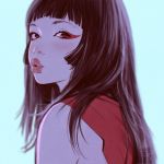 1girl bangs blue_background blunt_bangs brown_hair eyebrows from_side ilya_kuvshinov lips long_hair looking_at_viewer looking_back nose original parted_lips puckered_lips red_eyes simple_background solo upper_body 