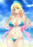  1girl atago_(kantai_collection) beach beret bikini blonde_hair blush breasts green_eyes hat highres kantai_collection large_breasts long_hair smile solo swimsuit swimsuit_under_clothes the-sinner 