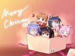  5girls acchi_kocchi ahoge animal_ears black_hair blue_eyes blue_hair brown_eyes cat_ears chibi christmas chuunibyou_demo_koi_ga_shitai! eyepatch highres holo k-on! kaname_madoka langbazi mahou_shoujo_madoka_magica merry_christmas miniwa_tsumiki multiple_girls nakano_azusa school_uniform side_ponytail spice_and_wolf takanashi_rikka twintails 