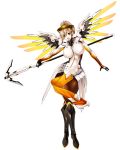  1girl black_boots blonde_hair blue_eyes bodysuit boots breasts brown_legwear crossed_legs full_body gen_(genetrix) gloves high_ponytail holding_staff knee_boots large_breasts looking_at_viewer mechanical_halo mechanical_wings mercy_(overwatch) outstretched_arm overwatch pantyhose ponytail simple_background smile solo spread_wings staff standing white_background wings 