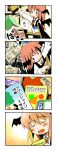  1girl 4koma :d :o bat_wings blush_stickers book bookshelf chibi closed_eyes collared_shirt comic commentary_request dress_shirt dropping head_wings holding holding_book koakuma ladder library necktie open_book open_mouth red_necktie redhead shirt skirt skirt_set smile touhou translated ushiro_hayahiro vest voile white_shirt wings 
