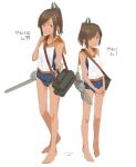  1girl age_progression arms_behind_back bangs barefoot blush brown_hair character_name closed_mouth collarbone dated finger_to_mouth full_body height_difference i-401_(kantai_collection) kantai_collection kawashina_(momen_silicon) looking_at_viewer multiple_views number older one-piece_swimsuit own_hands_together parted_lips ponytail sailor_collar school_swimsuit shirt sketch sleeveless sleeveless_shirt smile standing swept_bangs swimsuit swimsuit_under_clothes tan tanline 
