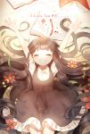  1girl :d ^_^ arms_up blush book bookmark brown_dress brown_hair closed_eyes collared_shirt dress english flower hair_flower hair_ornament happy highres long_hair moffle_(2019) open_book open_mouth original shirt short_sleeves smile solo sparkle very_long_hair white_shirt wing_collar 