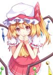  1girl ascot blonde_hair clenched_hands crystal dress eyebrows eyebrows_visible_through_hair flandre_scarlet hair_between_eyes hat hat_ribbon looking_at_viewer miniskirt mob_cap open_mouth pleated_skirt puffy_short_sleeves puffy_sleeves red_dress red_eyes red_ribbon red_skirt red_vest ribbon shiero. shirt short_sleeves simple_background skirt solo touhou white_shirt wings 