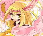  1girl blonde_hair breasts duel_monster feathers hair_ornament harpie_girl long_hair monako_(motapotan) monster_girl smile solo wings yellow_eyes yuu-gi-ou 