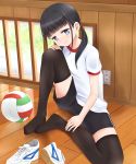  1girl black_hair black_legwear black_shorts blue_eyes blush closed_mouth electric_socket gym_uniform hand_on_own_knee head_tilt highres okiru original shirt shoes shoes_removed short_sleeves shorts sitting smile sneakers solo spread_legs thigh-highs twintails volleyball white_shirt window wooden_wall 