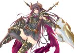 1girl armor belt belt_pouch boots bow bowtie breastplate brown_hair commentary_request forte_(shingeki_no_bahamut) granblue_fantasy horns kanea lance long_hair panties pantyshot pantyshot_(standing) pauldrons polearm red_eyes red_scarf scarf shingeki_no_bahamut skirt solo standing thigh-highs thigh_boots underwear weapon 