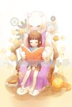  2girls ^_^ blue_shirt book brown_hair brown_shorts chair closed_eyes closed_mouth creature english fangs flower frisk_(undertale) full_body gears highres holding holding_book horns knitting_needle long_sleeves moffle_(2019) multiple_girls needle open_book pie plate shirt shorts sitting sitting_on_lap sitting_on_person smile socks toriel undertale white_background white_legwear wooden_floor yarnball 