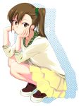  1girl brown_eyes brown_hair collarbone futami_mami idolmaster layered_skirt long_hair miniskirt nanotsuki side_ponytail skirt solo squatting yellow_skirt 