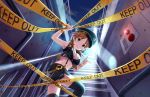  1girl artist_request bracelet breasts brown_eyes brown_hair bustier caution_tape cleavage cropped_vest cuffs earrings handcuffs hat idolmaster idolmaster_cinderella_girls idolmaster_cinderella_girls_starlight_stage jewelry katagiri_sanae keep_out midriff navel official_art parted_lips pointing smile solo stairs thigh-highs 