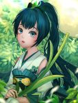  1girl antweiyi black_hair blue_eyes japanese_clothes long_hair looking_at_viewer onmyoji open_mouth outdoors ponytail solo sunlight very_long_hair ying_grass 