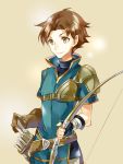  1boy armor arrow asymmetrical_clothes beige_background bow_(weapon) brown_eyes brown_hair fingerless_gloves fire_emblem fire_emblem:_rekka_no_ken gloves holding holding_weapon noki_(affabile) quiver simple_background solo weapon wil_(fire_emblem) 