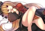  1girl ass_visible_through_thighs black_dress blonde_hair breasts chinese_clothes detached_sleeves dress hat janne_cherry junko_(touhou) knee_up long_hair long_sleeves looking_at_viewer lying medium_breasts no_bra no_panties on_back red_eyes shaded_face sideboob solo tabard touhou very_long_hair wide_sleeves 