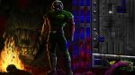  1boy absurdres assault_rifle backlighting blood commentary doom_(game) doomguy finfr0sk gun helmet highres imp_(doom) manly muscle power_armor rifle solo trigger_discipline veins weapon 