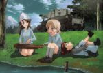  3girls aki_(girls_und_panzer) artist_request black_shoes brown_eyes brown_hair bt-42 dress_shirt emblem fishing girls_und_panzer grey_legwear grey_skirt ground_vehicle hat highres instrument jacket kantele light_brown_eyes light_brown_hair loafers long_hair long_sleeves looking_at_another mika_(girls_und_panzer) mikko_(girls_und_panzer) military military_vehicle miniskirt motor_vehicle multiple_girls official_art open_mouth outdoors pants pants_under_skirt pleated_skirt red_eyes redhead school_uniform seiza shirt shoes short_hair short_twintails sitting skirt smile socks source_request striped tank track_jacket track_pants track_suit tree twintails vertical_stripes white_shirt 