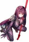  1girl arm_at_side black_shoes bodysuit breasts closed_mouth fate/grand_order fate_(series) full_body gae_bolg hanging_breasts high_heels holding holding_weapon large_breasts long_hair ningen_(ningen96) one_knee polearm purple_hair red_eyes scathach_(fate/grand_order) shoes shoulder_pads simple_background smile solo spear unaligned_breasts very_long_hair weapon white_background 