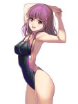  1girl :d arm_up breasts brown_eyes cleavage collarbone competition_swimsuit covered_nipples from_side head_tilt highleg highleg_swimsuit highres looking_at_viewer masao one-piece_swimsuit open_mouth original own_hands_together pink_hair simple_background smile solo swimsuit whistle white_background 
