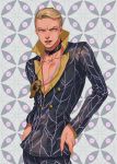  1boy bare_chest blonde_hair blue_eyes choker daifukumochi_(qquuiieett) hands_on_hips highres jewelry jojo_no_kimyou_na_bouken male_focus necklace open_mouth prosciutto solo suit_jacket teeth upper_body 