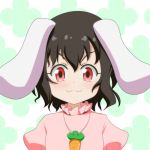  &gt;:3 1girl :3 animal_ears black_hair carrot_necklace cato_(monocatienus) commentary doyagao inaba_tewi looking_at_viewer rabbit_ears red_eyes short_hair smile solo touhou 