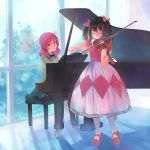  black_hair bow bow_(instrument) bowtie closed_eyes dress hair_ribbon head_tilt highres instrument looking_at_another love_live! love_live!_school_idol_project mary_janes nishikino_maki pantyhose piano piano_bench playing_instrument playing_piano redhead ribbon shared_bathing shoes short_hair short_twintails sitting skirt smile twintails violet_eyes violin window yazawa_nico zhaitengjingcang 