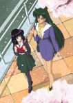  2girls bag bishoujo_senshi_sailor_moon black_hair black_legwear black_shoes blue_skirt bow cherry_blossoms from_above full_body green_hair green_skirt hair_bun half_updo handbag hino_ryutaro long_hair looking_at_another mary_janes meiou_setsuna multiple_girls pantyhose petals pleated_skirt red_bow red_eyes school_bag school_uniform serafuku shoes short_hair skirt smile tomoe_hotaru violet_eyes walking 