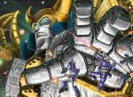  80s autobot character_request clenched_teeth commentary_request cyclonus decepticon energy energy_gun explosion firing galvatron glowing green_eyes gun horns mecha neroma_shin no_humans oldschool open_hand robot science_fiction space star star_(sky) teeth transformers unicron weapon 