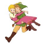  1boy 1girl arm_around_neck artist_name blonde_hair boots brown_boots brown_hair carrying dress eunnieboo hat link open_mouth pink_dress pointy_ears princess_carry princess_zelda running sidelocks signature smile tears the_legend_of_zelda the_legend_of_zelda:_skyward_sword tunic violet_eyes 