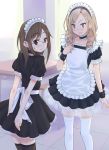  2girls 3: apron bangs black_legwear blonde_hair blush brown_eyes brown_hair chair covering covering_ass desk drill_hair earrings embarrassed frilled_apron frills glasses hand_on_own_chest hands_on_own_ass head_tilt jewelry lace-trimmed_choker lace-trimmed_sleeves long_hair maid maid_headdress multiple_girls okiru open_mouth original puffy_short_sleeves puffy_sleeves rimless_glasses school_desk short_sleeves standing sweatdrop swept_bangs thigh-highs violet_eyes wavy_mouth white_legwear wrist_cuffs zettai_ryouiki 