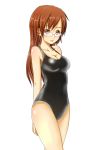  1girl arms_behind_back baretto_(karasi07) black_swimsuit breasts brown_eyes brown_hair cleavage collarbone glasses highres long_hair looking_at_viewer original simple_background solo swimsuit white_background 