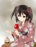  1girl alternate_costume blush brown_eyes brown_hair candy_apple commentary_request floral_print hair_ornament japanese_clothes kantai_collection kimono obi sash sendai_(kantai_collection) short_hair simple_background sitting solo twitter_username two_side_up ynos yukata 
