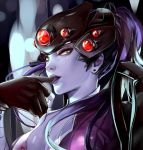  1girl black_gloves bodysuit breasts center_opening cleavage earrings ears eyelashes finger_licking gloves head_mounted_display highres jewelry large_breasts licking licking_lips lips long_hair looking_at_viewer overwatch ponytail purple_hair purple_skin side_glance smile solo stud_earrings tongue tongue_out upper_body visor widowmaker_(overwatch) yaya_(shizuku) yellow_eyes 