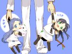  2girls admiral_(kantai_collection) artist_request black_legwear blue_eyes blue_hair blush_stickers chibi commentary_request covering_mouth elbow_gloves fatherly gloves green_eyes holding_hands kantai_collection long_hair looking_at_viewer miss_cloud multiple_girls neckerchief object_hug open_mouth ribbon samidare_(kantai_collection) school_uniform serafuku shirt simple_background skirt sleeveless sleeveless_shirt stick suzukaze_(kantai_collection) thigh-highs twintails very_long_hair younger 