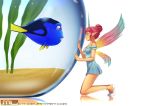  1girl bare_shoulders blue_dress breasts commentary crossover dory_(finding_nemo) dress fairy fairy_wings finding_nemo fish fishbowl flats hair_bun highres kneeling minigirl mleth off-shoulder_dress off_shoulder original pink_hair pixar pointy_ears short_dress small_breasts wings 