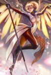  1girl blonde_hair blue_eyes bodysuit boots breasts brown_legwear full_body high_ponytail knee_boots lips lipstick long_hair makeup mechanical_halo mechanical_wings mercy_(overwatch) outstretched_arms overwatch pantyhose petals solo staff wings yang_fan 