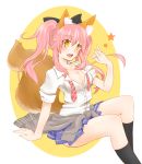  1girl alternate_costume alternate_hairstyle animal_ears black_legwear blush breasts caster_(fate/extra) cleavage fang fate/extella fate/extra fate_(series) fox_ears fox_tail highres large_breasts necktie open_clothes open_mouth open_shirt pink_hair school_uniform shirt solo tail twintails yellow_eyes 