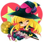  1girl bangs blonde_hair bow broom cape dress duel_monster ghostrick_witch gloves hat horns long_hair looking_at_viewer monako_(motapotan) shoes solo star thigh-highs witch_hat yellow_eyes yuu-gi-ou 
