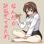  1girl alcohol ashigara_(kantai_collection) bare_legs blush brown_eyes brown_hair cup dress_shirt fang hairband indian_style kantai_collection looking_at_viewer nishi_koutarou open_mouth shirt sitting skirt skirt_tug smile solo translation_request 