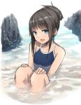  1girl :d blue_eyes blush brown_hair collarbone competition_school_swimsuit hair_up hands_on_own_knees head_tilt okiru one-piece_swimsuit open_mouth original partially_submerged short_hair sitting sketch smile solo swimsuit water 