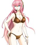  1girl bikini black_bikini blue_eyes breasts cleavage collarbone funkid hand_on_hip long_hair megurine_luka microphone navel pink_hair project_diva_(series) side-tie_bikini sideboob simple_background solo swimsuit vocaloid white_background 