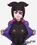  1girl breasts eyepatch han_juri looking_at_viewer noburuu smile solo street_fighter street_fighter_v undershirt undressing upper_body violet_eyes 