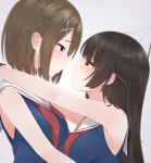  2girls arms_up asymmetrical_docking bare_shoulders black_hair blue_eyes blue_vest blush breast_press breasts brown_gloves brown_hair choukai_(kantai_collection) ear_blush eye_contact from_side glasses gloves half-closed_eyes headgear height_difference highres hug kantai_collection light_brown_hair long_hair looking_at_another looking_down looking_up maya_(kantai_collection) medium_breasts multiple_girls neckerchief profile red_eyes rimless_glasses short_hair sweatdrop tareme upper_body vest x_hair_ornament yukichi_(sukiyaki39) yuri 